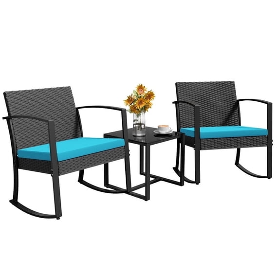 Homall 3 Pieces Outdoor Rocking Chairs, PE Rattan Chairs with Cushions and Coffee Table Conversation Set