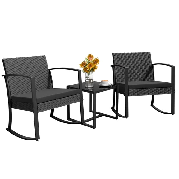 Homall 3 Pieces Outdoor Rocking Chairs, PE Rattan Chairs with Cushions and Coffee Table Conversation Set