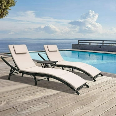 Homall 3 Pieces Patio Chaise Lounge Chair Sets Outdoor Beach Pool PE Rattan Reclining Chair with Folding Table and Cushion, Beige