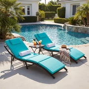 Homall 3 Pieces Patio Chaise Lounge Chair Sets Outdoor Beach Pool PE Rattan Reclining Chair with Folding Table and Cushion, Blue