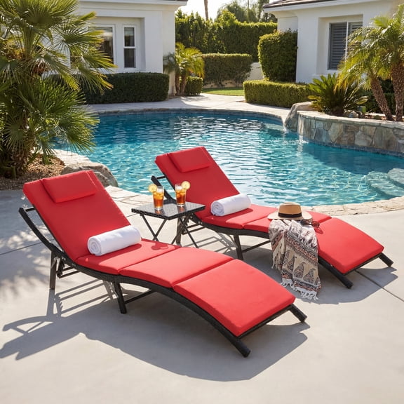Homall 3 Pieces Patio Chaise Lounge Chair Sets Outdoor Beach Pool PE Rattan Reclining Chair with Folding Table and Cushion, Red