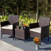 Homall 3 Pieces Patio Furniture Set Outdoor PE Rattan Wicker Patio Conversation Set Bistro Set with Tempered Glass and Cushioned Chairs, Brown/Beige