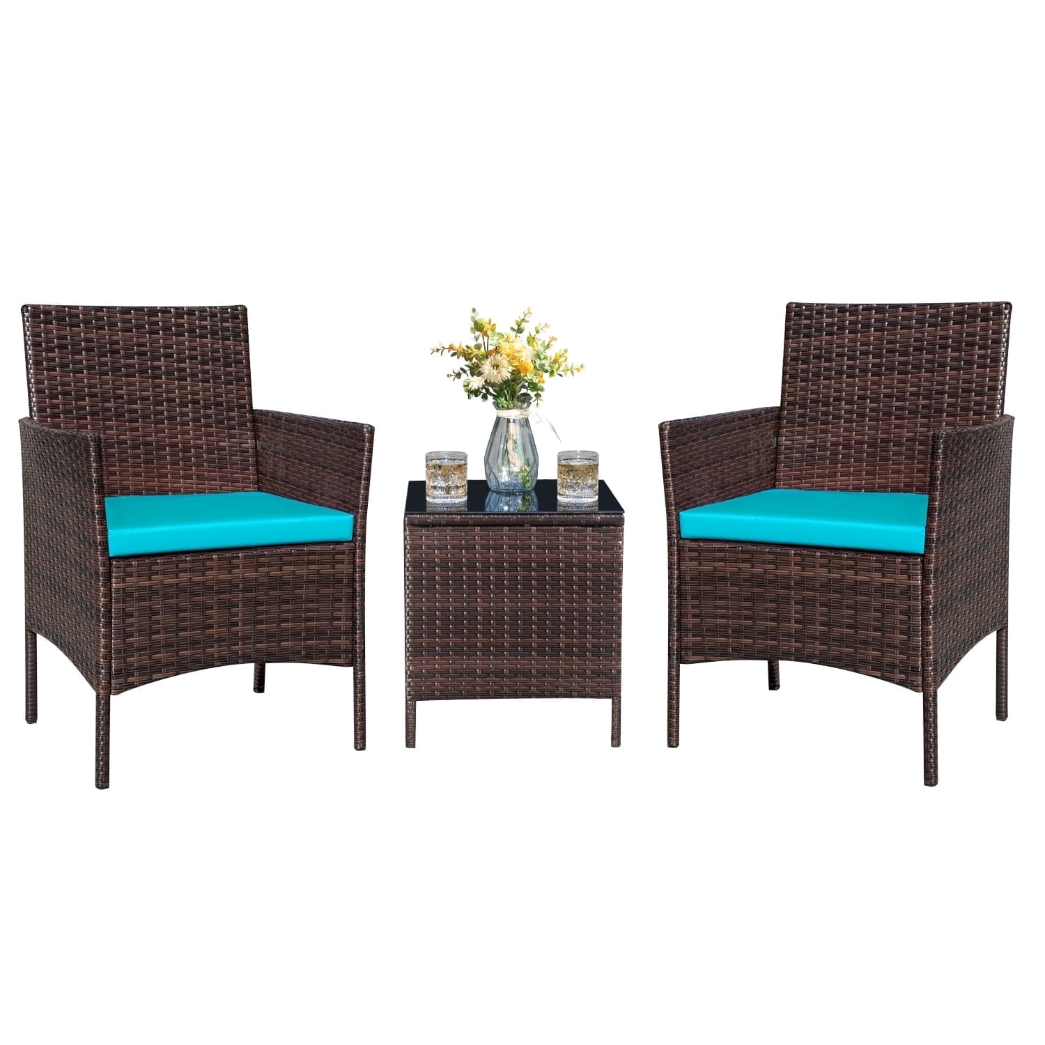 Homall 3 Pieces Patio Furniture Set Outdoor PE Rattan Wicker Patio Conversation Set Bistro Set with Tempered Glass and Cushioned Chairs, Brown/Blue
