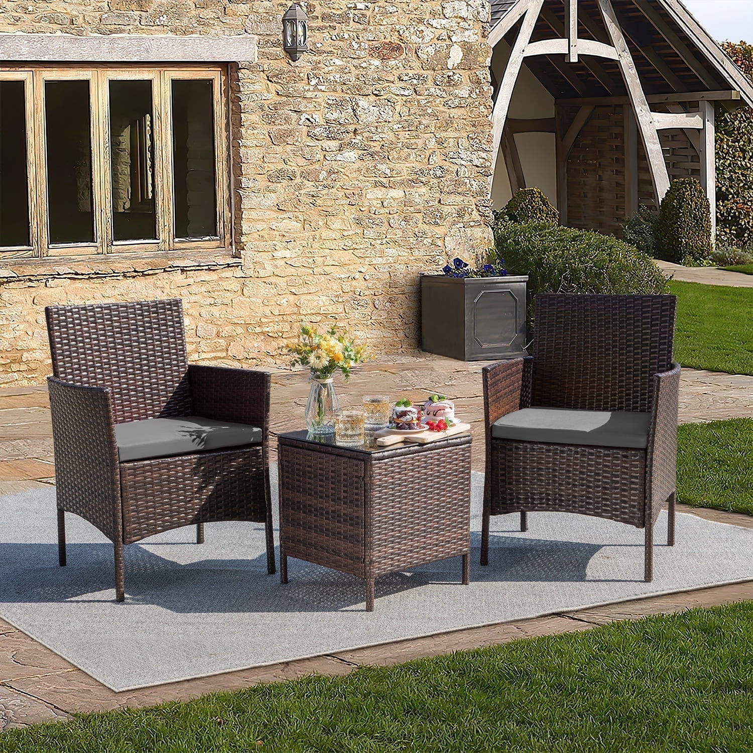 Homall 3 Pieces Patio Furniture Set Outdoor PE Rattan Wicker Patio Conversation Set Bistro Set with Tempered Glass and Cushioned Chairs, Brown/Gray