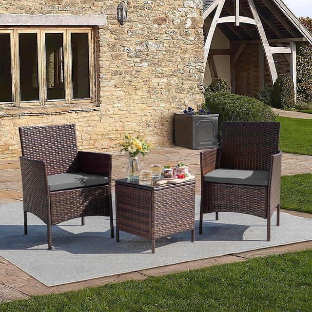 Homall 3 Pieces Patio Furniture Set Outdoor PE Rattan Wicker Patio Conversation Set Bistro Set with Tempered Glass and Cushioned Chairs, Brown/Gray