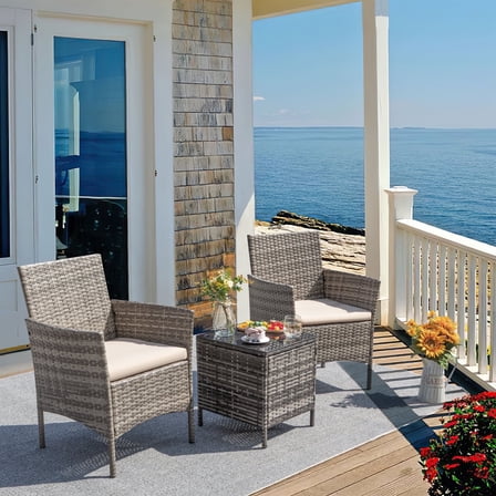 Homall 3 Pieces Patio Furniture Set Outdoor PE Rattan Wicker Patio Conversation Set Bistro Set with Tempered Glass and Cushioned Chairs, Gray/Beige