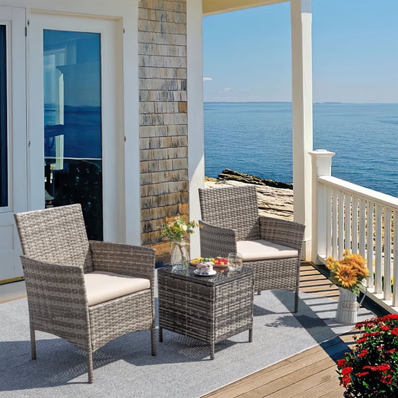 Homall 3 Pieces Patio Furniture Set Outdoor PE Rattan Wicker Patio Conversation Set Bistro Set with Tempered Glass and Cushioned Chairs, Gray/Beige