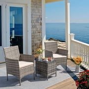 Homall 3 Pieces Patio Furniture Set Outdoor PE Rattan Wicker Patio Conversation Set Bistro Set with Tempered Glass and Cushioned Chairs, Gray/Beige