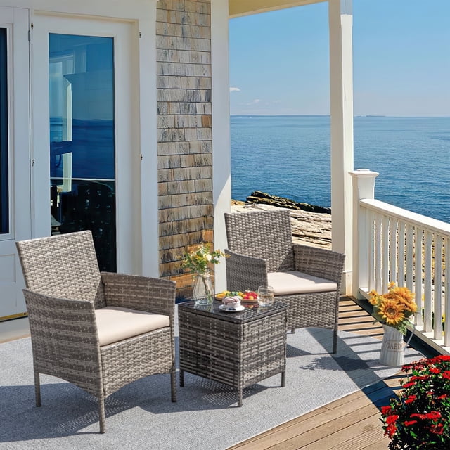 Homall 3 Pieces Patio Furniture Set Outdoor PE Rattan Wicker Patio Conversation Set Bistro Set with Tempered Glass and Cushioned Chairs, Gray/Beige