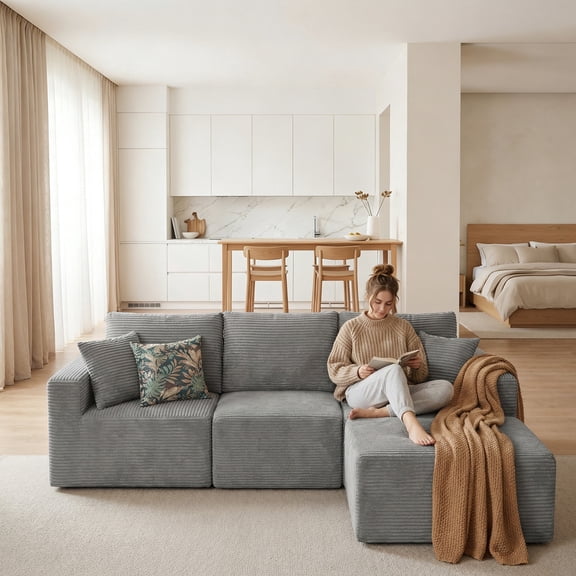 Homall 3-Seat L-shaped Modular Corduroy Sofa, Sectional Couch with Convertible Modules, Modern Minimalist Sofa Set for Living Room, Freely Combinable Sofa Furniture, Grey
