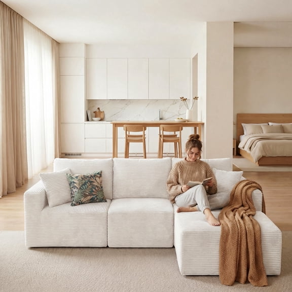 Homall 3-Seat L-shaped Modular Corduroy Sofa, Sectional Couch with Convertible Modules, Modern Minimalist Sofa Set for Living Room, Freely Combinable Sofa Furniture, Beige