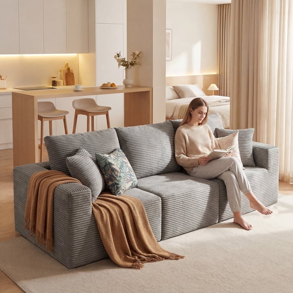 Homall 3-Seat Modular Corduroy Sofa, Sectional Couch with Convertible Modules, Modern Minimalist Sofa Set for Living Room, Freely Combinable Sofa Furniture, Grey