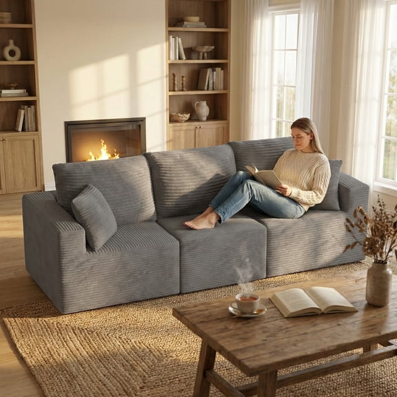 Homall 3-Seat Modular Corduroy Sofa, Sectional Couch with Convertible Modules, Modern Minimalist Sofa Set for Living Room, Freely Combinable Sofa Furniture, Grey