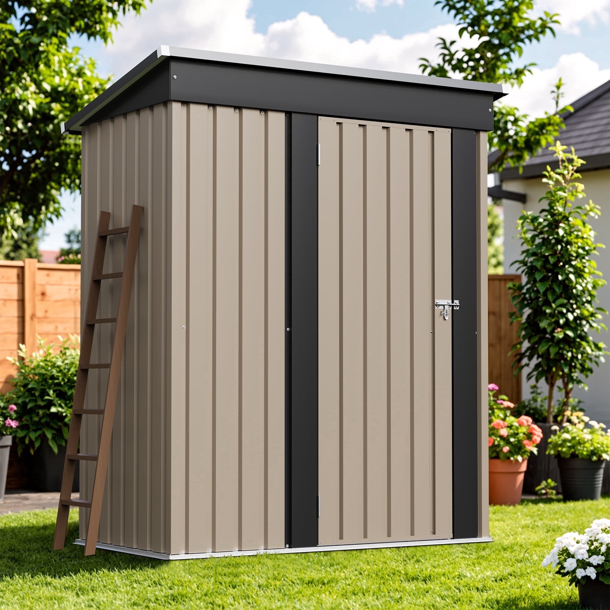 Homall 5' x 3' Mental Outdoor Storage Shed, with Groove Roof and Lockable Door, for Garden and Patio, Brown