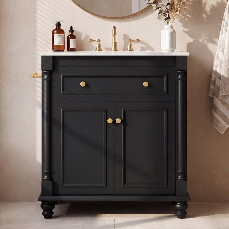 Homall 30'' Bathroom Vanity with Ceramic Sink, Storage Cabinet & Towel Bar, Modern Farmhouse Bathroom Vanity for Small Bathrooms & Powder Rooms, Black