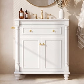 Homall 30'' Bathroom Vanity with Ceramic Sink, Storage Cabinet & Towel Bar, Modern Farmhouse Bathroom Vanity for Small Bathrooms & Powder Rooms, White