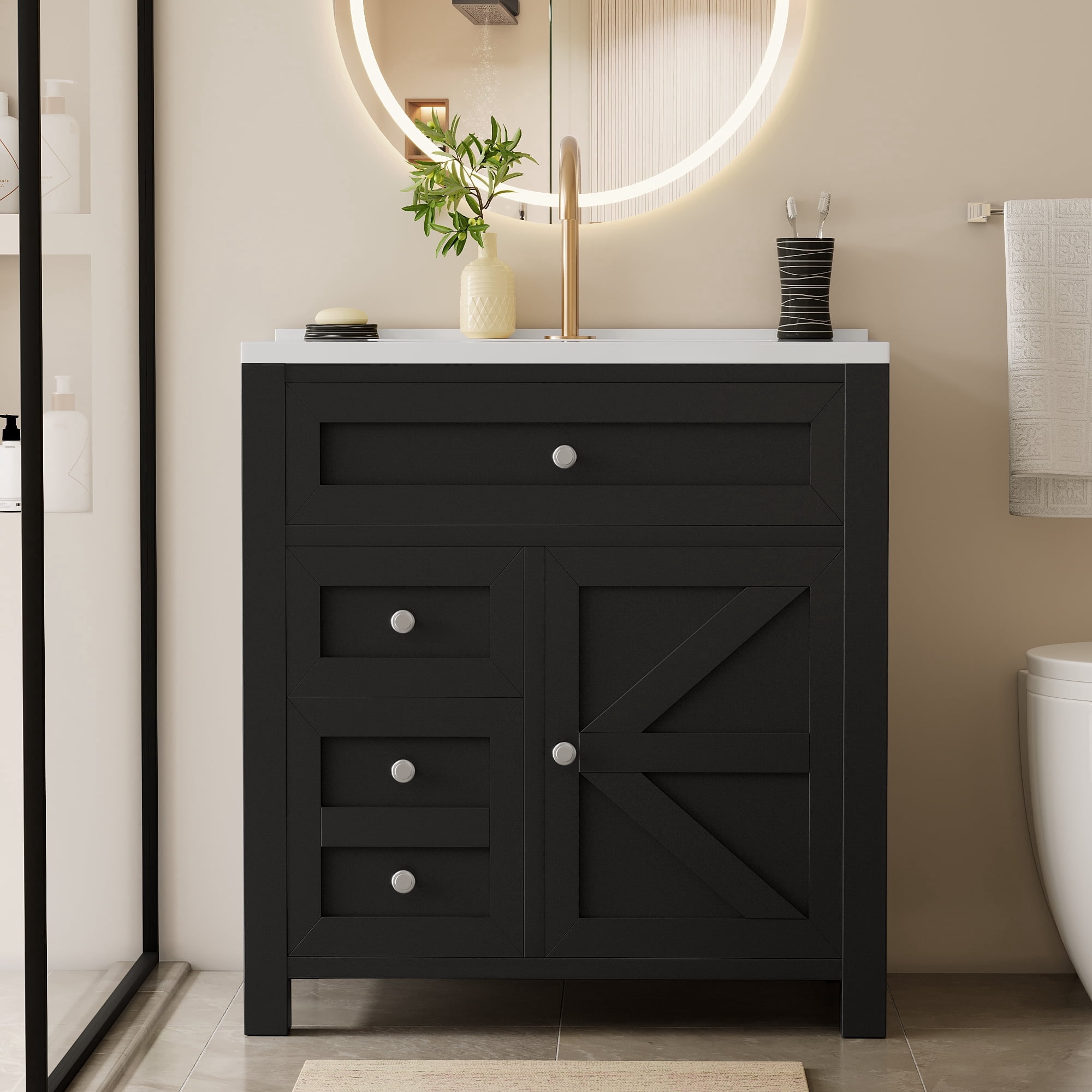 Homall 30'' Bathroom Vanity with Undermount Resin Sink, Freestanding Bathroom Vanity with Resin Top, Wood Bathroom Cabinet with Drawers & Shelves, Black