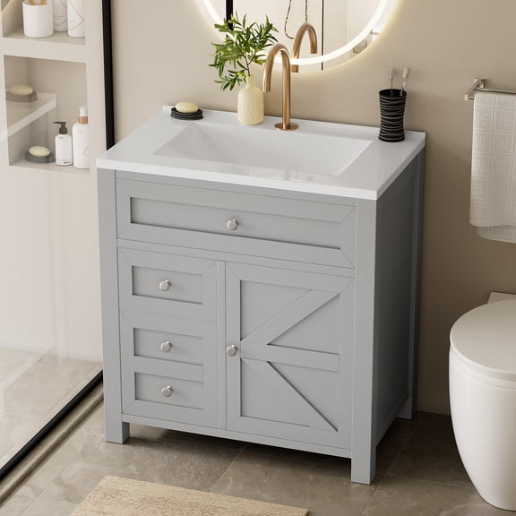 Homall 30'' Bathroom Vanity with Undermount Resin Sink, Freestanding Bathroom Vanity with Resin Top, Wood Bathroom Cabinet with Drawers & Shelves, Gray