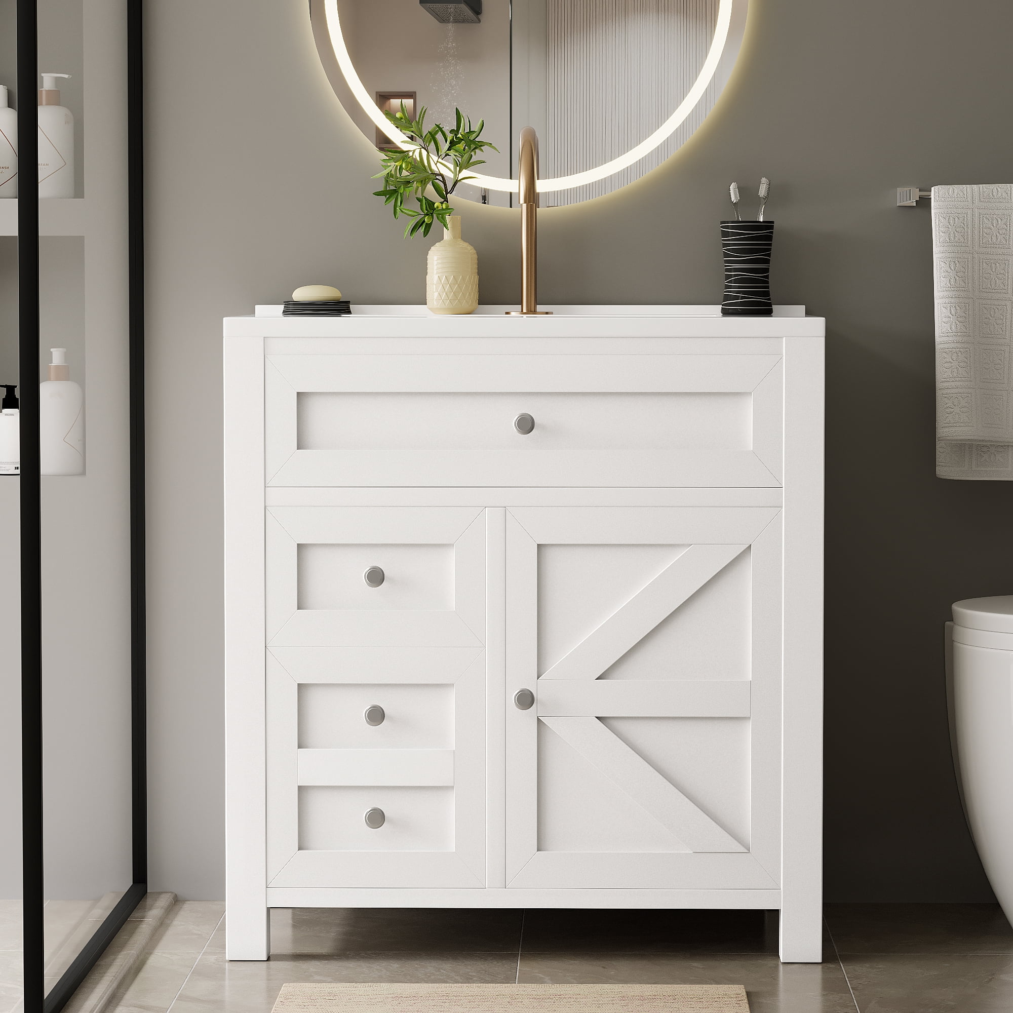 Homall 30'' Bathroom Vanity with Undermount Resin Sink, Freestanding Bathroom Vanity with Resin Top, Wood Bathroom Cabinet with Drawers & Shelves, White