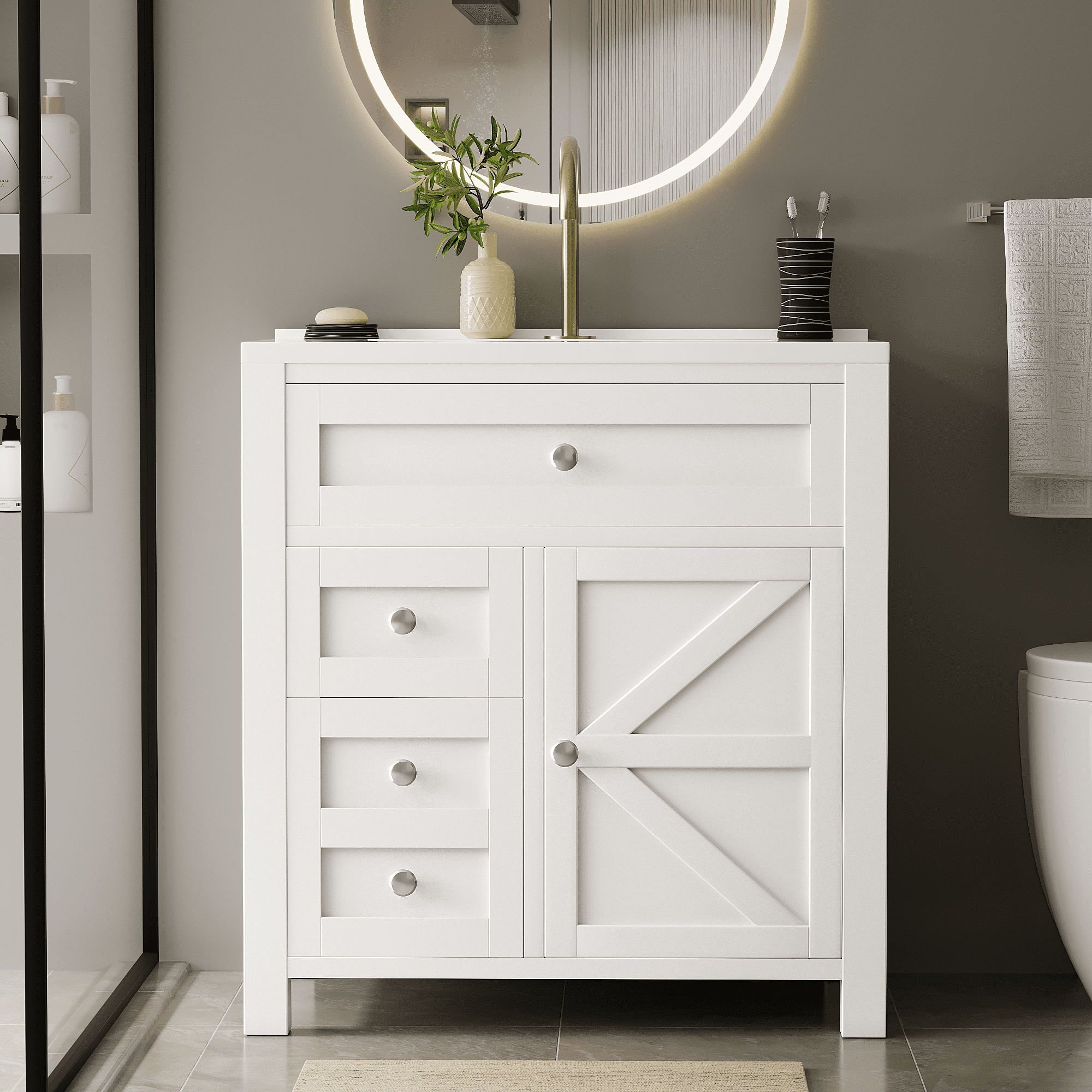 Homall 30'' Bathroom Vanity with Undermount Resin Sink, Freestanding Bathroom Vanity with Resin Top, Wood Bathroom Cabinet with Drawers & Shelves, White