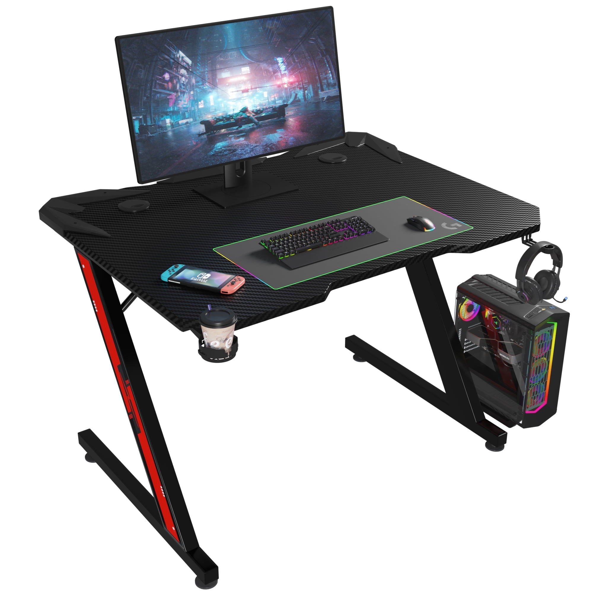 Homall 32'' Z-Shaped Gaming Desk, Carbon Fiber, Cup Holder