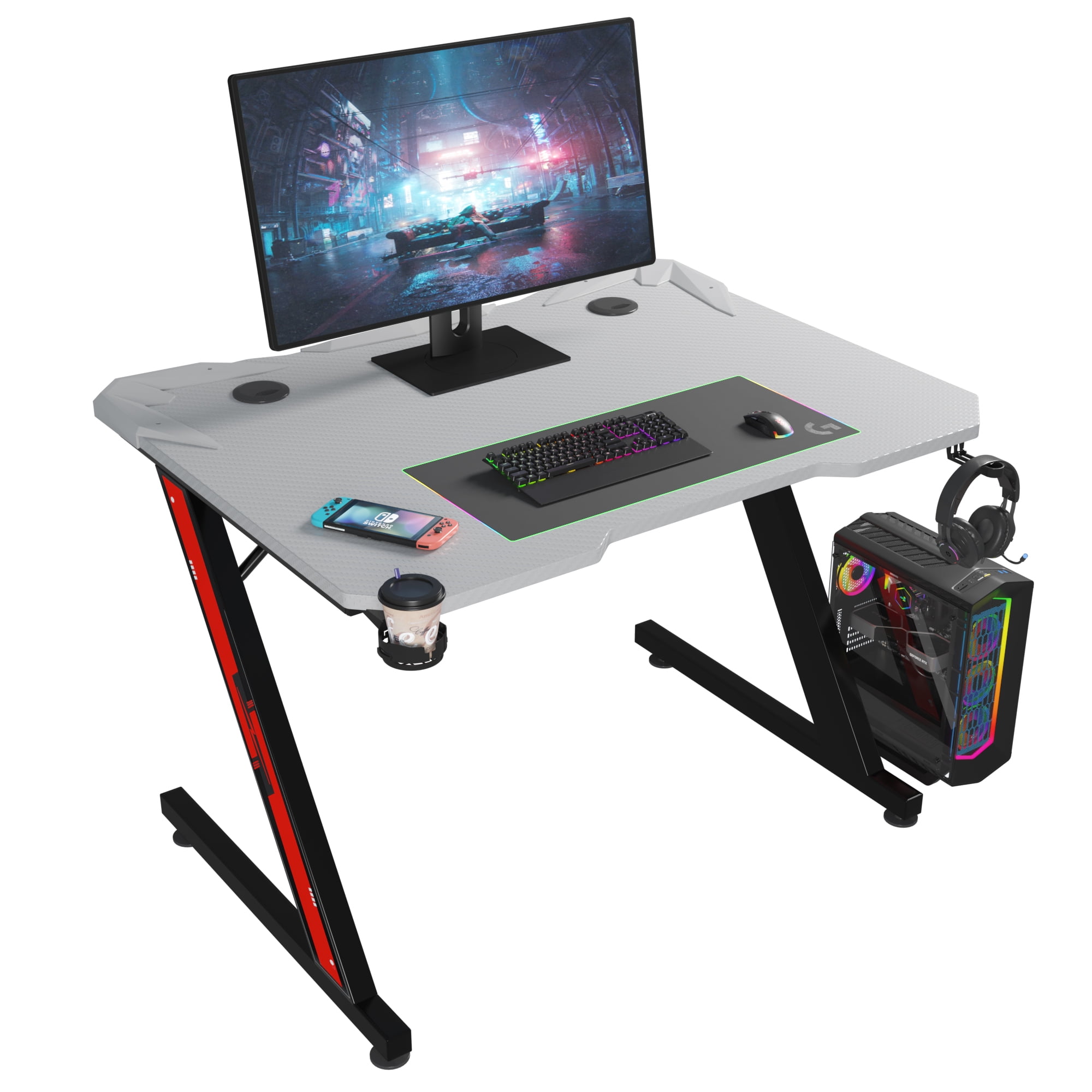 Homall Gaming Desk, Computer Desk with Carbon Fiber Surface, Gaming Table Z  Shaped PC Gaming Workstation Home Office Desks with Cup Holder and