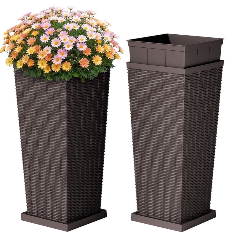 Homall 32" Tall Plastic Planter Set of 2 with Inside Pots, Drainages and Trays, for Outdoor and Indoor