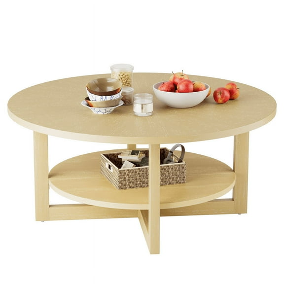 Homall 35" Round Coffee Table Solid Wood End Table with Rustic Wood Storage Circle Center Table, Beige