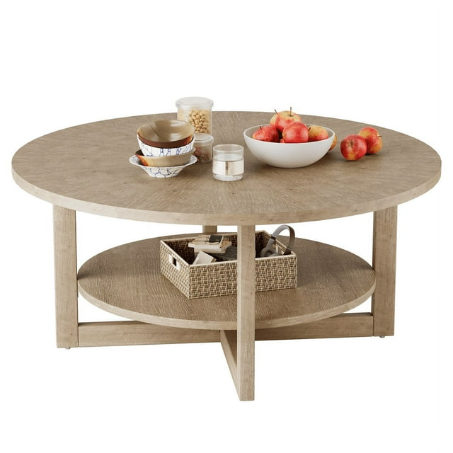 Homall 35" Round Coffee Table Solid Wood End Table with Rustic Wood Storage Circle Center Table, Brown