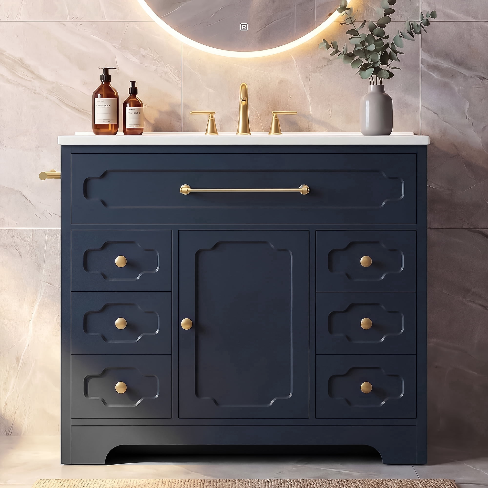 Homall 36'' Bathroom Vanity with Ceramic Sink, Freestanding Bathroom Cabinet with 5 Drawers & 1 Door, Modern Bathroom Vanity, Blue