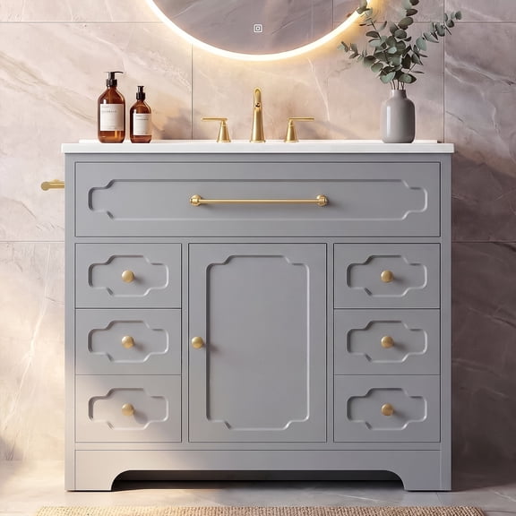 Homall 36'' Bathroom Vanity with Ceramic Sink, Freestanding Bathroom Cabinet with 5 Drawers & 1 Door, Modern Bathroom Vanity, Gray