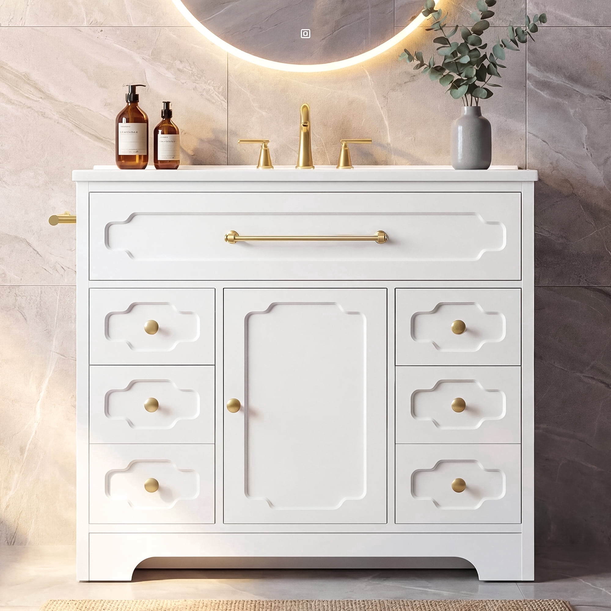 Homall 36'' Bathroom Vanity with Ceramic Sink, Freestanding Bathroom Cabinet with 5 Drawers & 1 Door, Modern Bathroom Vanity, White