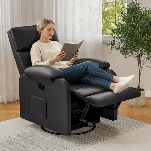 Homall 360° Massage Swivel Rocker Recliner Small Rocking PU Leather Chairs with Side Pockets for Small Spaces,Black