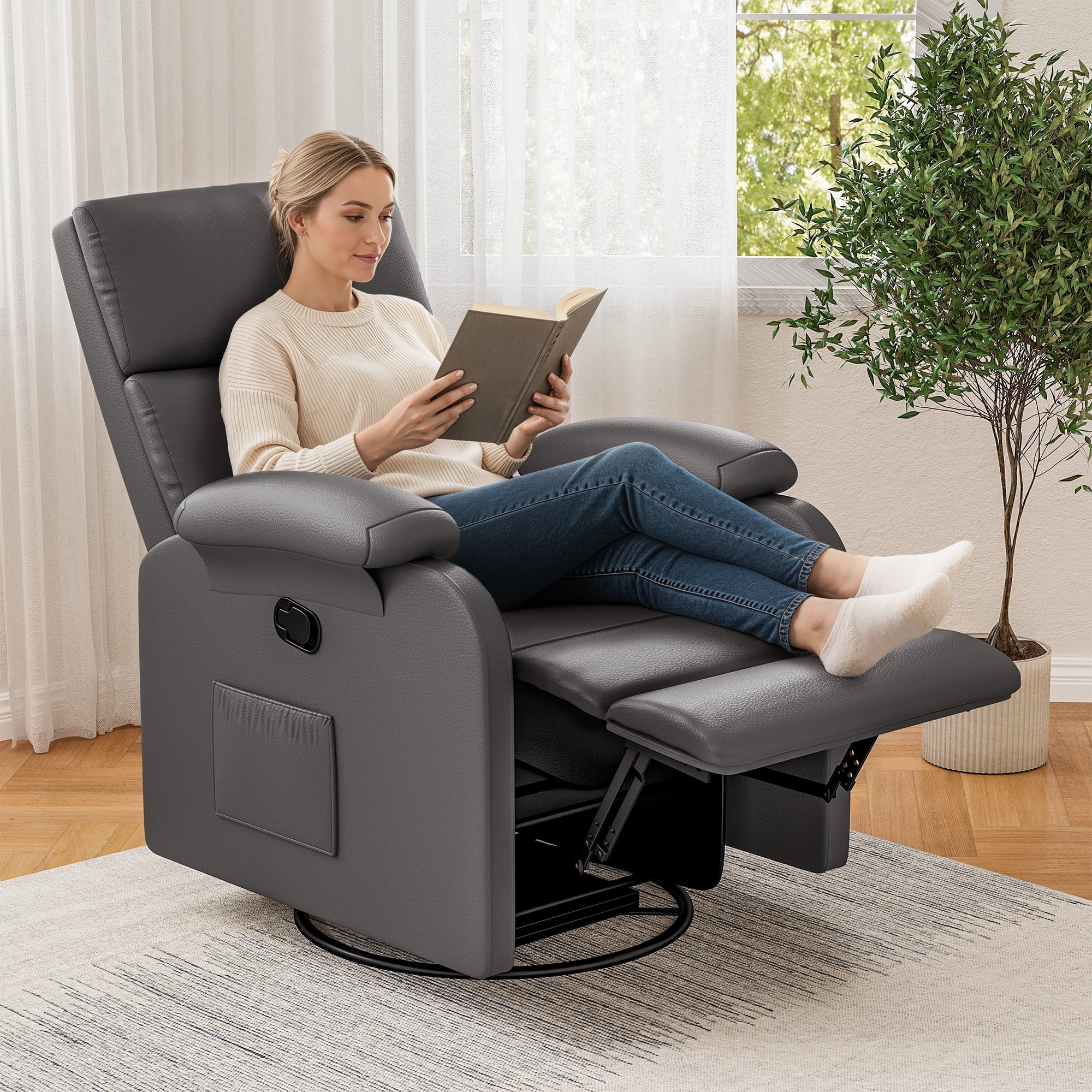 Homall 360° Massage Swivel Rocker Recliner Small Rocking PU Leather Chairs with Side Pockets for Small Spaces,Gray