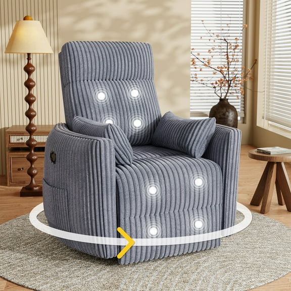 Homall 360° Power Swivel Recliner High Back Adult Rocker Recliner Chair with 2 Pillows for Nursing Expectant Mothers,Corduroy Gray