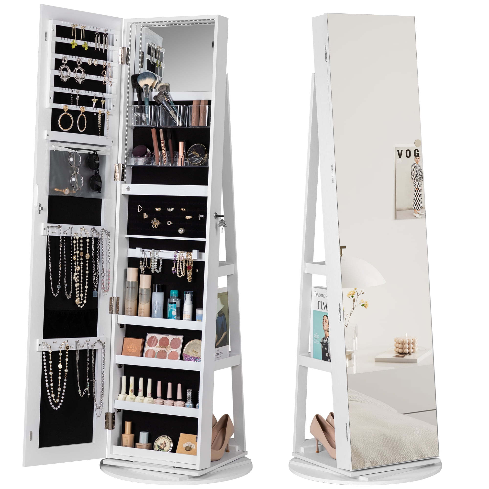 Homall Lockable Jewelry Armoire with LED Lights, 360° Swivel, Full