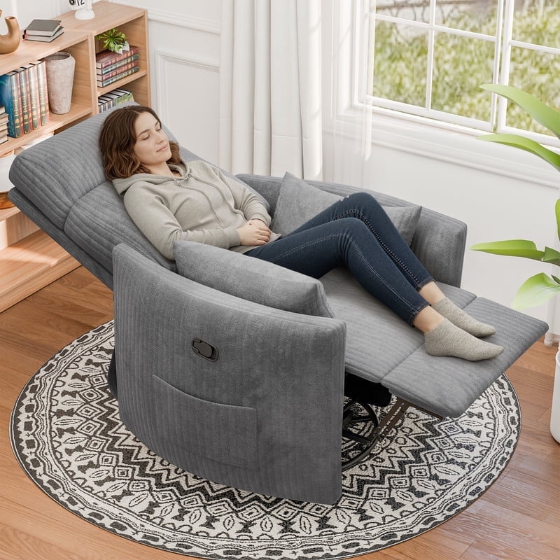 Homall 360° Swivel Nursery Recliner Power Swivel Rocker Recliner Chair with 2 Pillows Comfy High Back Adult Glider Rocker for Living Room,Corduroy Gray