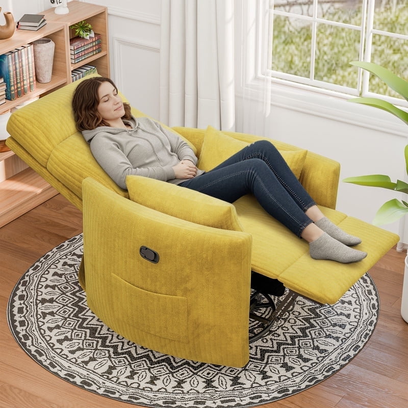 Homall 360° Swivel Nursery Recliner Power Swivel Rocker Recliner Chairwith 2 Pillows Comfy High Back Adult Glider Rocker for Living Room,Corduroy Yellow