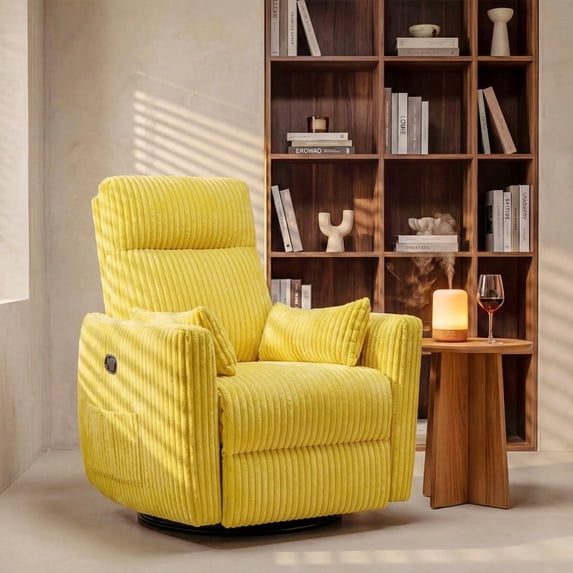 Homall 360° Swivel Nursery Recliner Power Swivel Rocker Recliner Chairwith 2 Pillows Comfy High Back Adult Glider Rocker for Living Room,Corduroy Yellow
