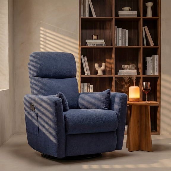 Homall 360° Swivel Nursery Recliner Power Swivel Rocker Recliner Chair with 2 Pillows Comfy High Back Adult Glider Rocker for Living Room,Loop Yarn Blue