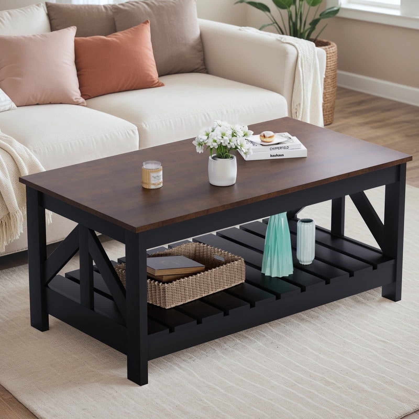 Homall 39" 2-Tier Farmhouse Coffee Table Wood Center Table with Storage Shelf for Living Room, Brown & Black