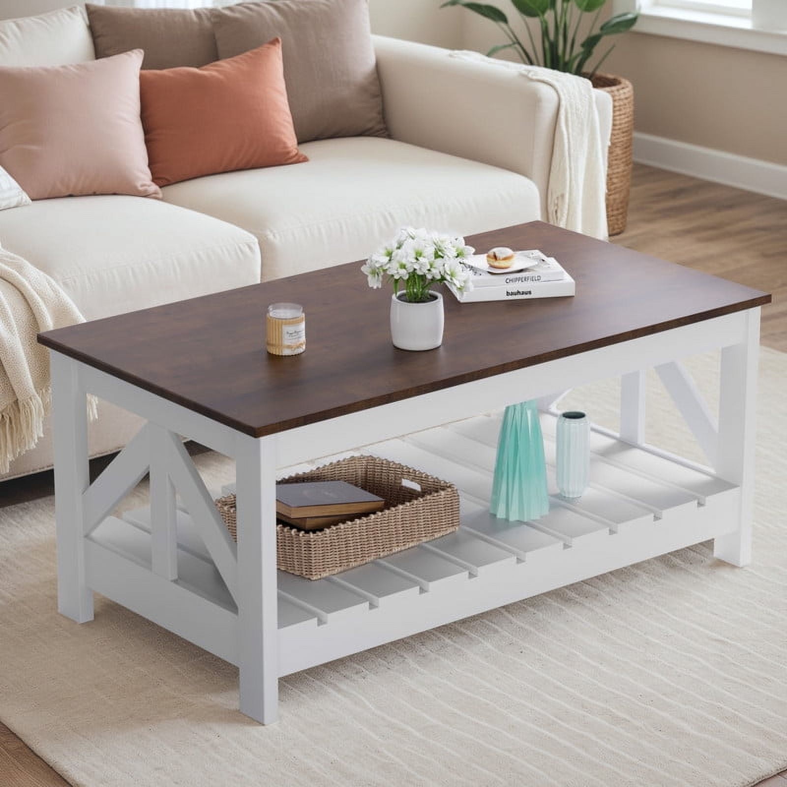 Homall 39" 2-Tier Farmhouse Coffee Table Wood Center Table with Storage Shelf for Living Room, Brown & White