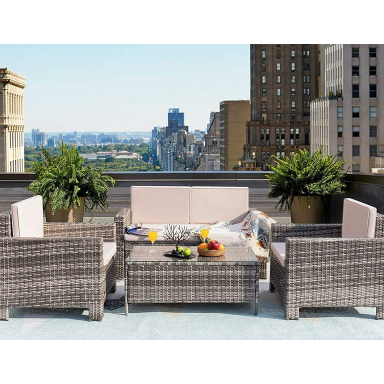 Homall 4 Pieces Outdoor Conversation Sets Patio Rattan Furniture Sets with Glass Table Gray Beige Walmart