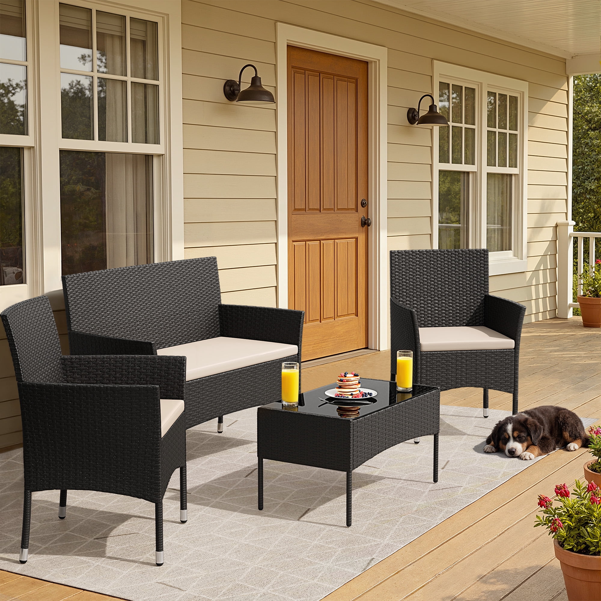 Homall 4 Pieces Patio Conversation Set Outdoor Furniture Rattan Chairs Wicker Seating with Cushion and Table Weather-resistant for Porch Garden Backyard, Black /Beige