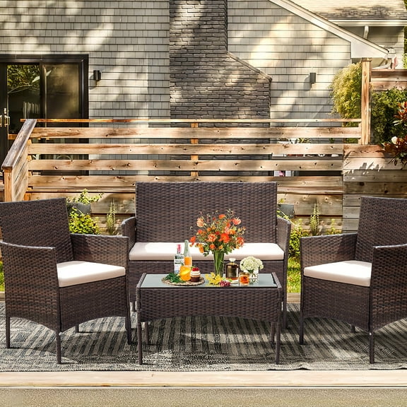 Homall 4 Pieces Outdoor Patio Furniture Brown PE Rattan Wicker Table and Chairs Set Backyard Poolside Garden Porch Sets with Cushioned, Beige Cushion