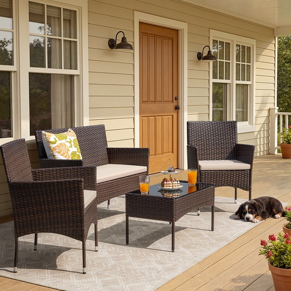 Homall 4 Pieces Outdoor Patio Furniture Brown PE Rattan Wicker Table and Chairs Set Backyard Poolside Garden Porch Sets with Cushioned, Beige Cushion