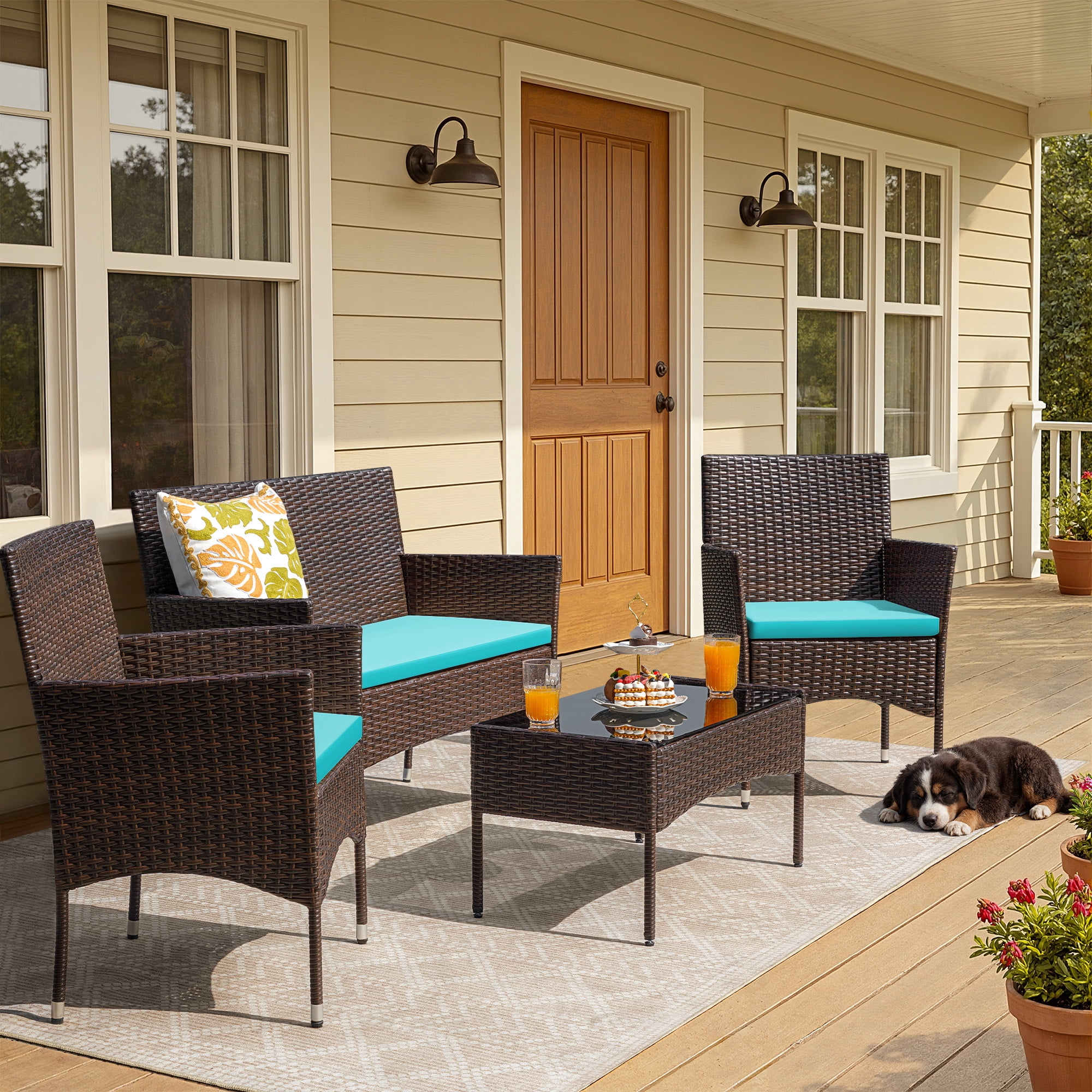 Homall 4 Pieces Patio Conversation Set Outdoor Furniture Rattan Chairs Wicker Seating with Cushion and Table Weather-resistant for Porch Garden Backyard, Blue /Beige