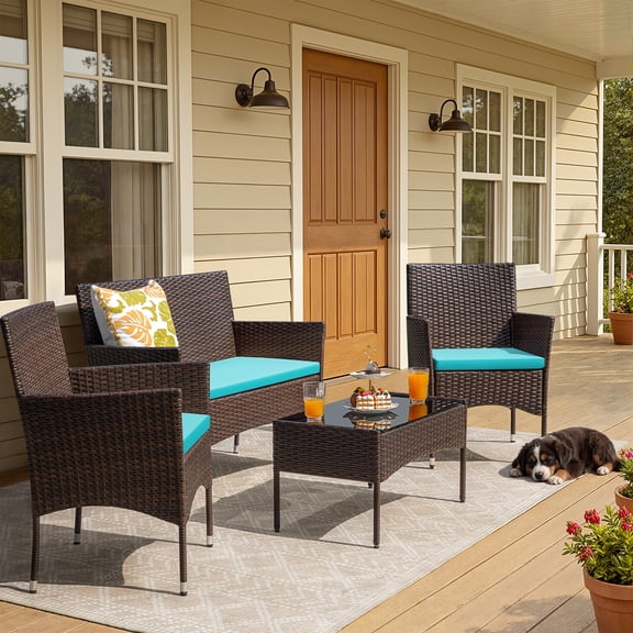 Homall 4 Pieces Patio Conversation Set Outdoor Furniture Rattan Chairs Wicker Seating with Cushion and Table Weather-resistant for Porch Garden Backyard, Blue /Beige