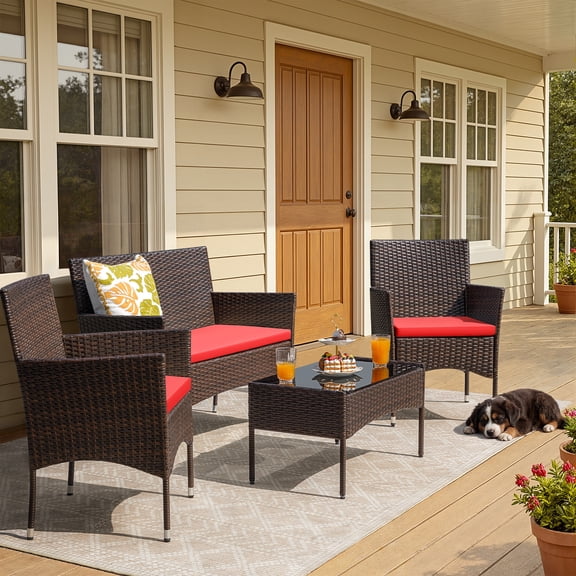 Homall 4 Pieces Patio Conversation Set Outdoor Furniture Rattan Chairs Wicker Seating with Cushion and Table Weather-resistant for Porch Garden Backyard, Brown /Red