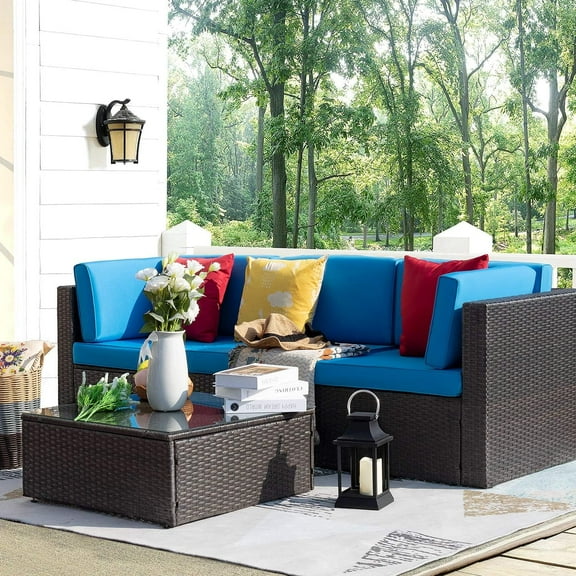 Homall 4 Pieces Outdoor Sectional Sofa Wicker Conversation Sets Patio Rattan Furniture Set with Cushions and Glass Table,Blue Cushion